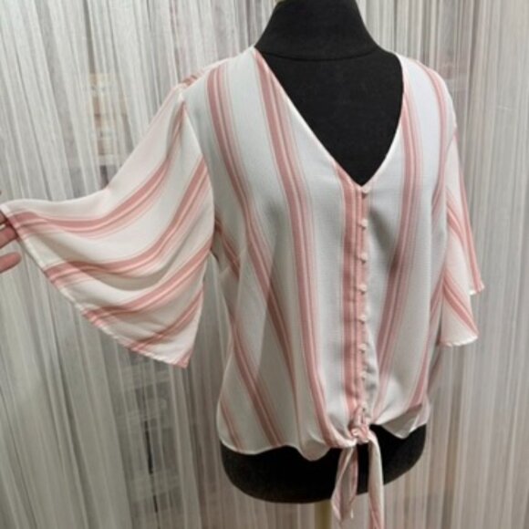 Lush Krisantha Tie-front Blouse Mauve & Cream size Medium Camp Shirt - Picture 5 of 11